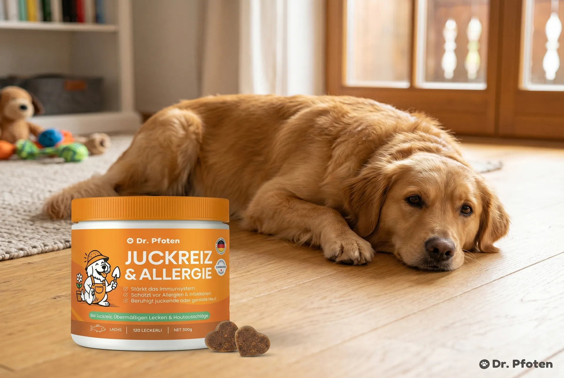 Hund knabbert an Dr. Pfoten Juckreiz & Allergie Leckerli